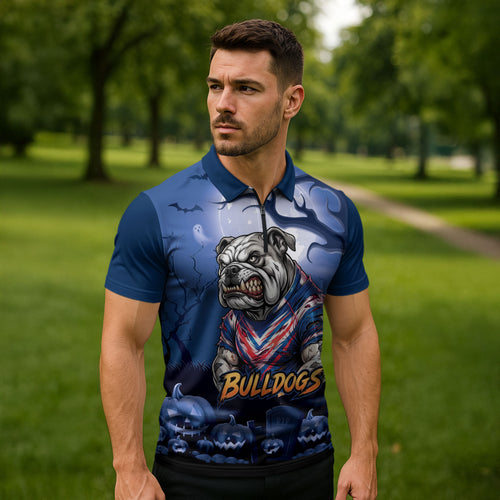 Custom Halloween Canterbury-Bankstown Bulldogs Zipper Polo Shirt Spooky Australia Mascot Rugby