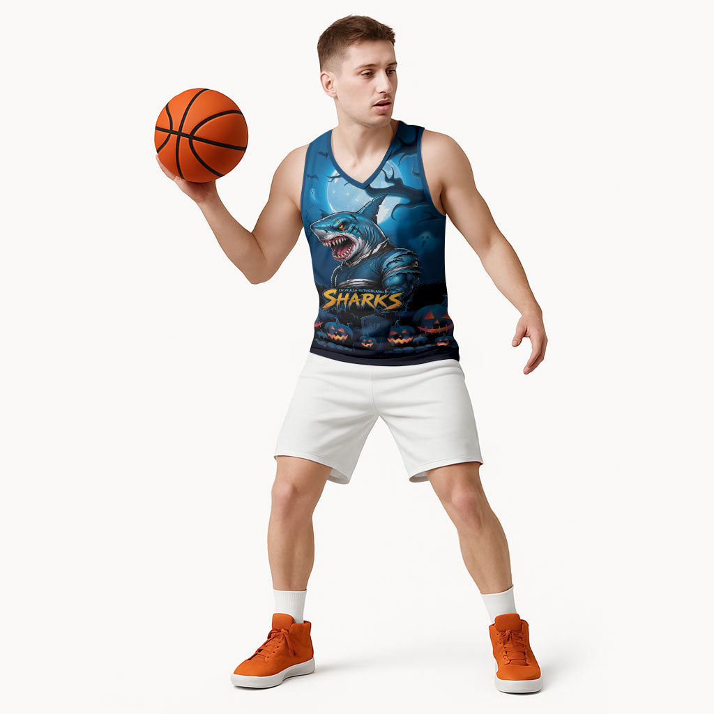 Custom Halloween Cronulla-Sutherland Sharks Basketball Jersey Spooky Australia Mascot Rugby