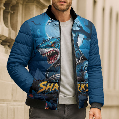 Custom Halloween Cronulla-Sutherland Sharks Bomber Puffer Jacket Spooky Australia Mascot Rugby