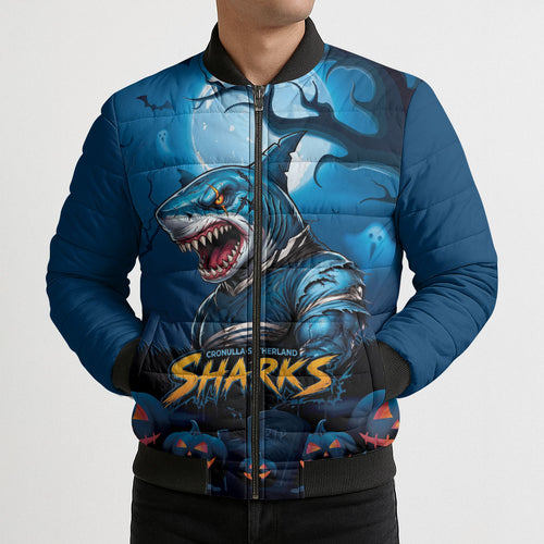 Custom Halloween Cronulla-Sutherland Sharks Bomber Puffer Jacket Spooky Australia Mascot Rugby