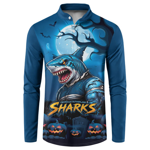 Custom Halloween Cronulla-Sutherland Sharks Button Sweatshirt Spooky Australia Mascot Rugby