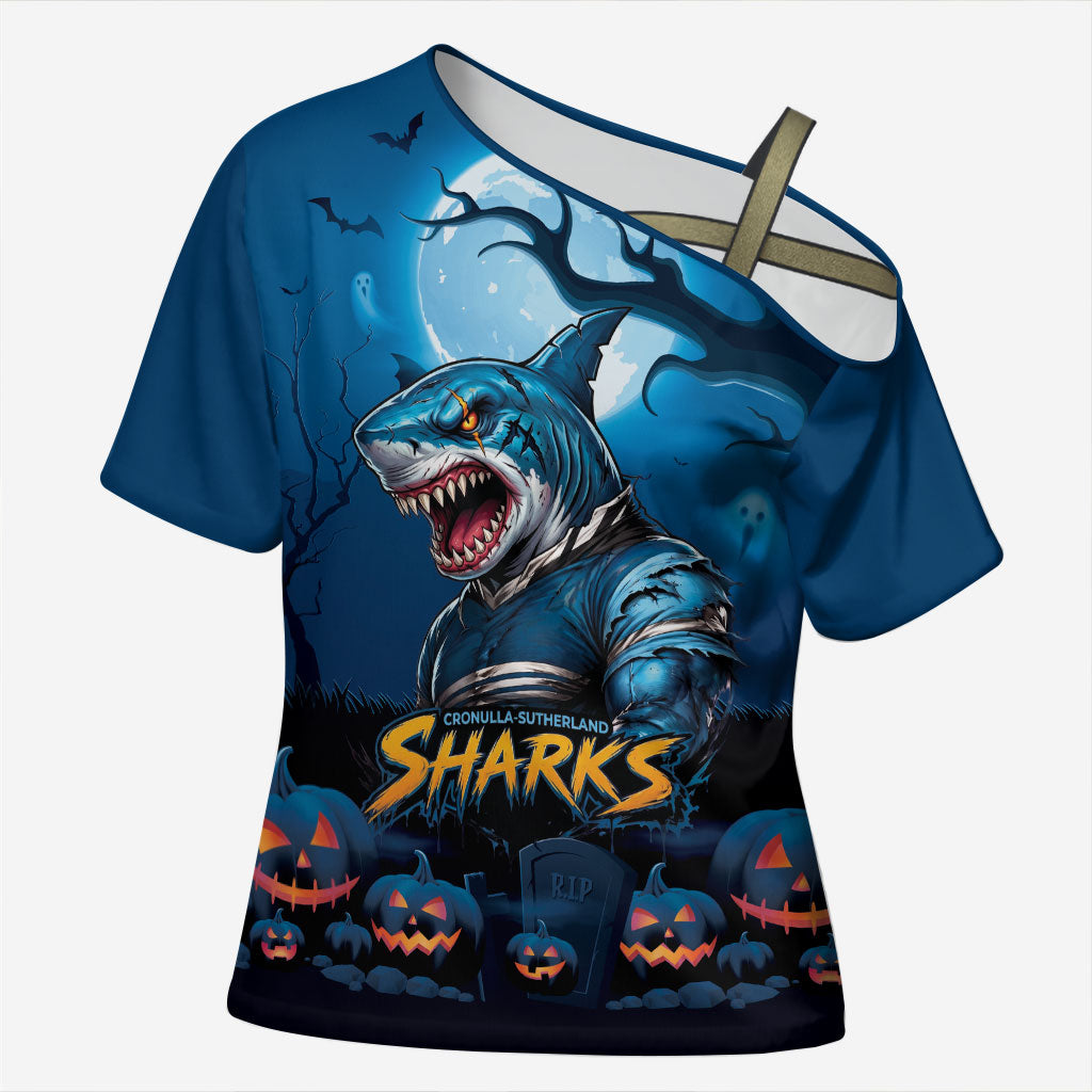 Custom Halloween Cronulla-Sutherland Sharks Cross Shoulder Shirt Spooky Australia Mascot Rugby