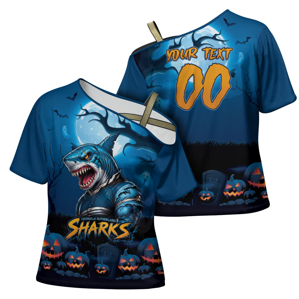 Custom Halloween Cronulla-Sutherland Sharks Cross Shoulder Shirt Spooky Australia Mascot Rugby