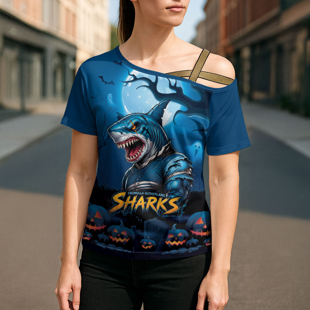 Custom Halloween Cronulla-Sutherland Sharks Cross Shoulder Shirt Spooky Australia Mascot Rugby