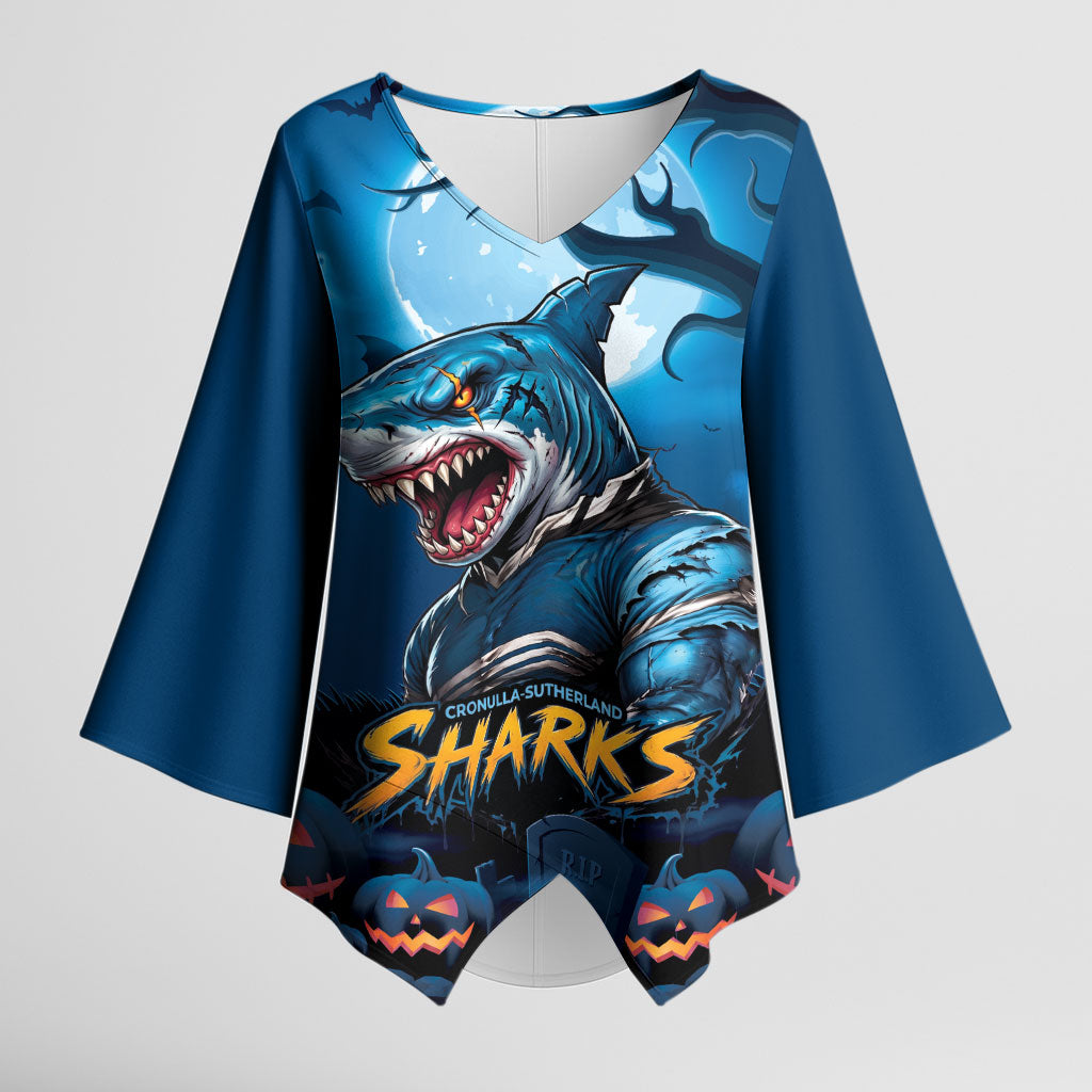 Custom Halloween Cronulla-Sutherland Sharks Kimono Sleeve Blouse Spooky Australia Mascot Rugby
