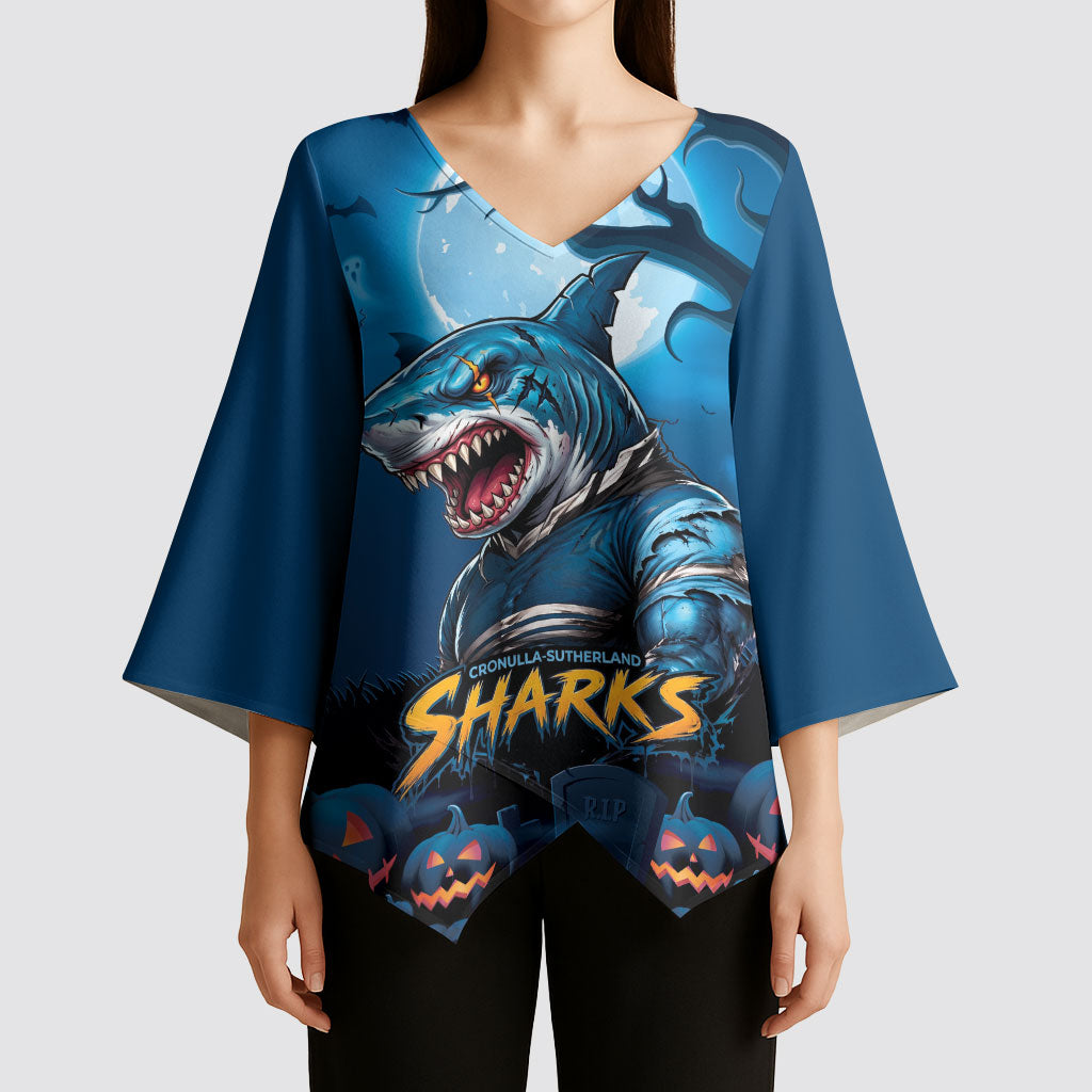 Custom Halloween Cronulla-Sutherland Sharks Kimono Sleeve Blouse Spooky Australia Mascot Rugby