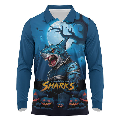Custom Halloween Cronulla-Sutherland Sharks Long Sleeve Polo Shirt Spooky Australia Mascot Rugby