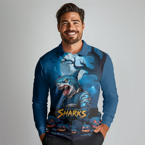 Custom Halloween Cronulla-Sutherland Sharks Long Sleeve Polo Shirt Spooky Australia Mascot Rugby
