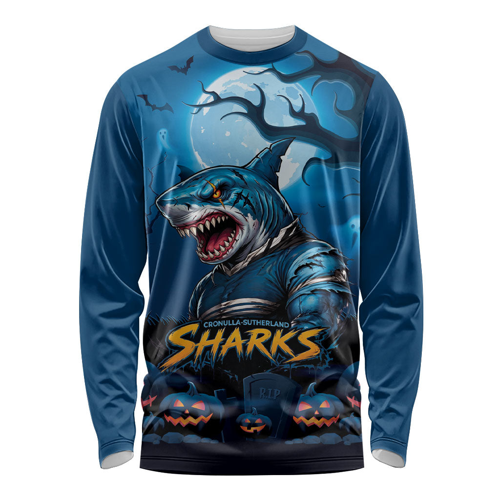 Custom Halloween Cronulla-Sutherland Sharks Long Sleeve Shirt Spooky Australia Mascot Rugby