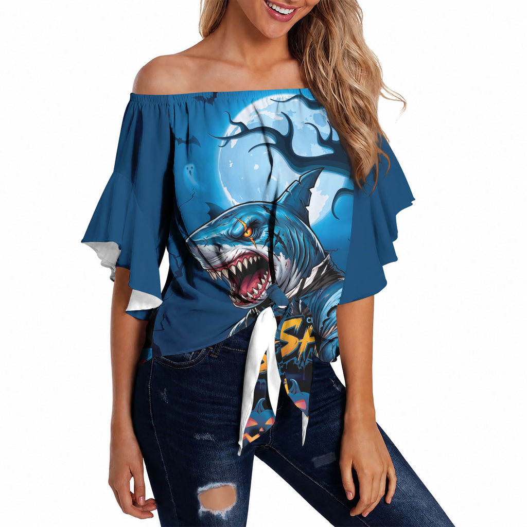 Custom Halloween Cronulla-Sutherland Sharks Off Shoulder Wrap Waist Top Spooky Australia Mascot Rugby