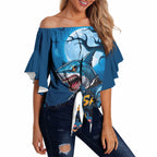 Custom Halloween Cronulla-Sutherland Sharks Off Shoulder Wrap Waist Top Spooky Australia Mascot Rugby