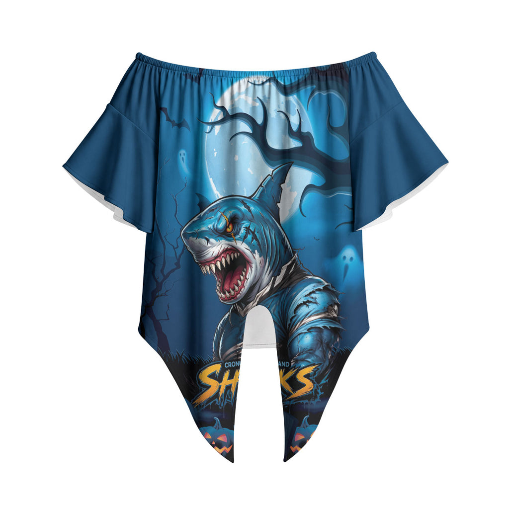 Custom Halloween Cronulla-Sutherland Sharks Off Shoulder Wrap Waist Top Spooky Australia Mascot Rugby