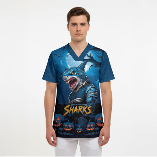Custom Halloween Cronulla-Sutherland Sharks Scrub Top Spooky Australia Mascot Rugby