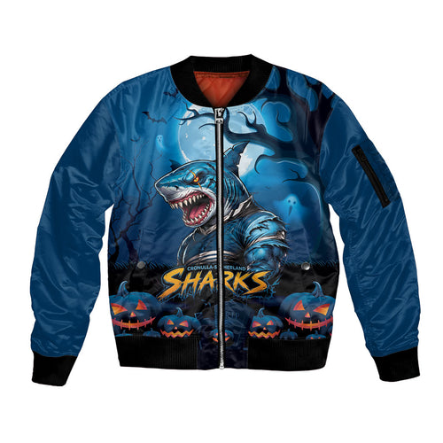 Custom Halloween Cronulla-Sutherland Sharks Sleeve Zip Bomber Jacket Spooky Australia Mascot Rugby