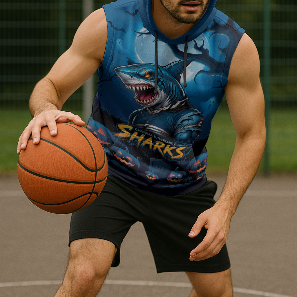 Custom Halloween Cronulla-Sutherland Sharks Sleeveless Hoodie Spooky Australia Mascot Rugby