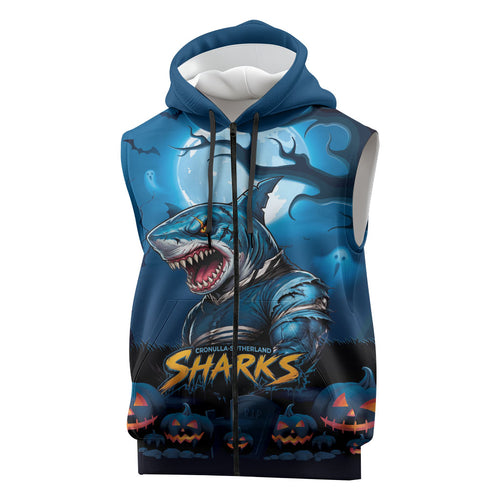 Custom Halloween Cronulla-Sutherland Sharks Sleeveless Zip Hoodie Spooky Australia Mascot Rugby