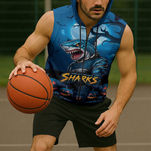 Custom Halloween Cronulla-Sutherland Sharks Sleeveless Zip Hoodie Spooky Australia Mascot Rugby