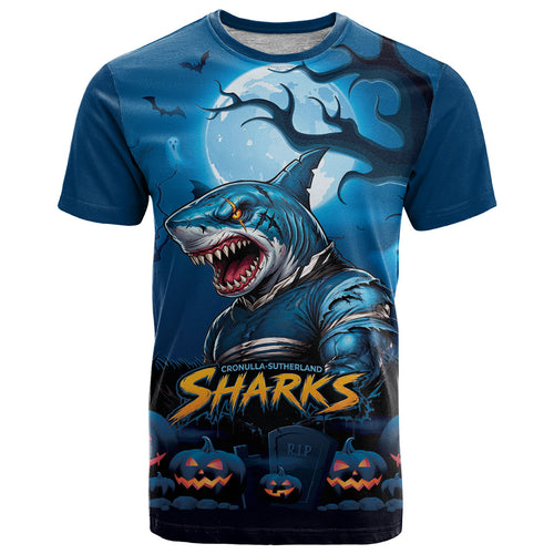 Custom Halloween Cronulla-Sutherland Sharks T Shirt Spooky Australia Mascot Rugby