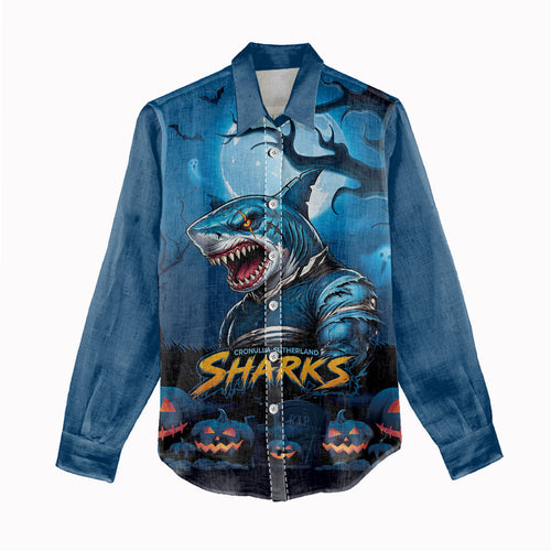 Custom Halloween Cronulla-Sutherland Sharks Women Casual Shirt Spooky Australia Mascot Rugby