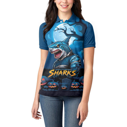 Custom Halloween Cronulla-Sutherland Sharks Women Polo Shirt Spooky Australia Mascot Rugby