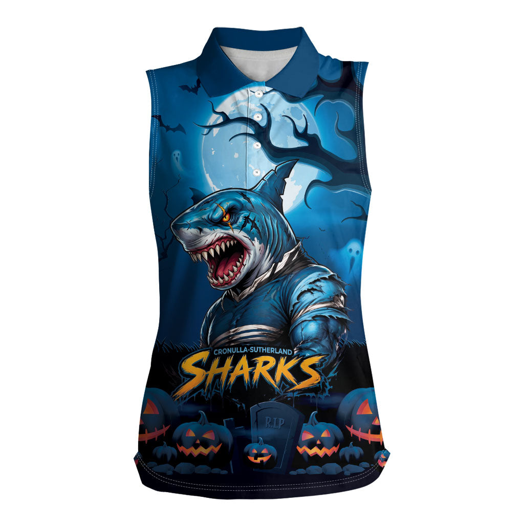 Custom Halloween Cronulla-Sutherland Sharks Women Sleeveless Polo Shirt Spooky Australia Mascot Rugby