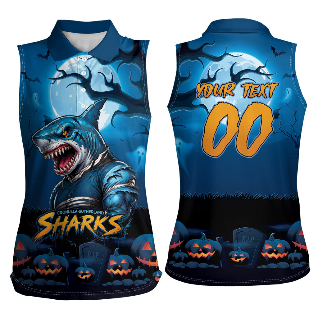 Custom Halloween Cronulla-Sutherland Sharks Women Sleeveless Polo Shirt Spooky Australia Mascot Rugby