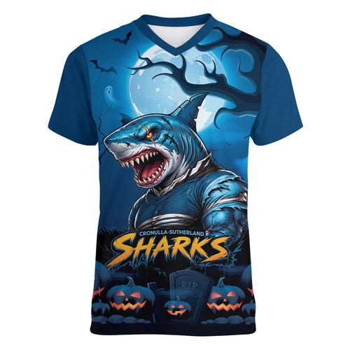 Custom Halloween Cronulla-Sutherland Sharks Women V-Neck T-Shirt Spooky Australia Mascot Rugby