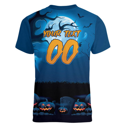 Custom Halloween Cronulla-Sutherland Sharks Women V-Neck T-Shirt Spooky Australia Mascot Rugby