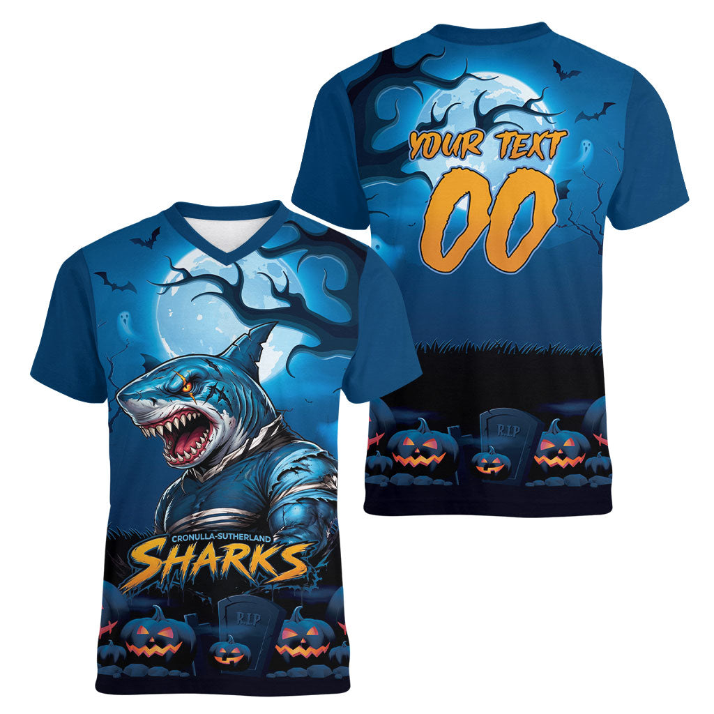 Custom Halloween Cronulla-Sutherland Sharks Women V-Neck T-Shirt Spooky Australia Mascot Rugby