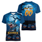 Custom Halloween Cronulla-Sutherland Sharks Women V-Neck T-Shirt Spooky Australia Mascot Rugby