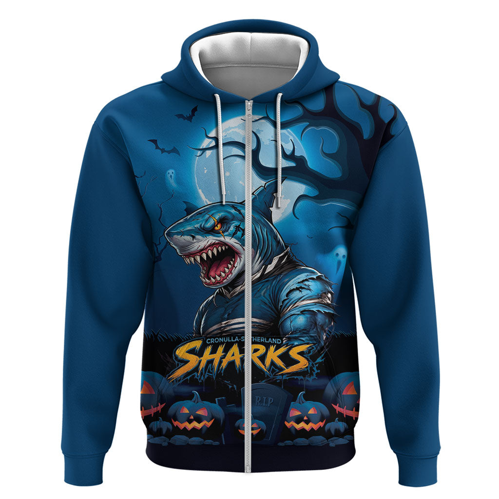 Custom Halloween Cronulla-Sutherland Sharks Zip Hoodie Spooky Australia Mascot Rugby