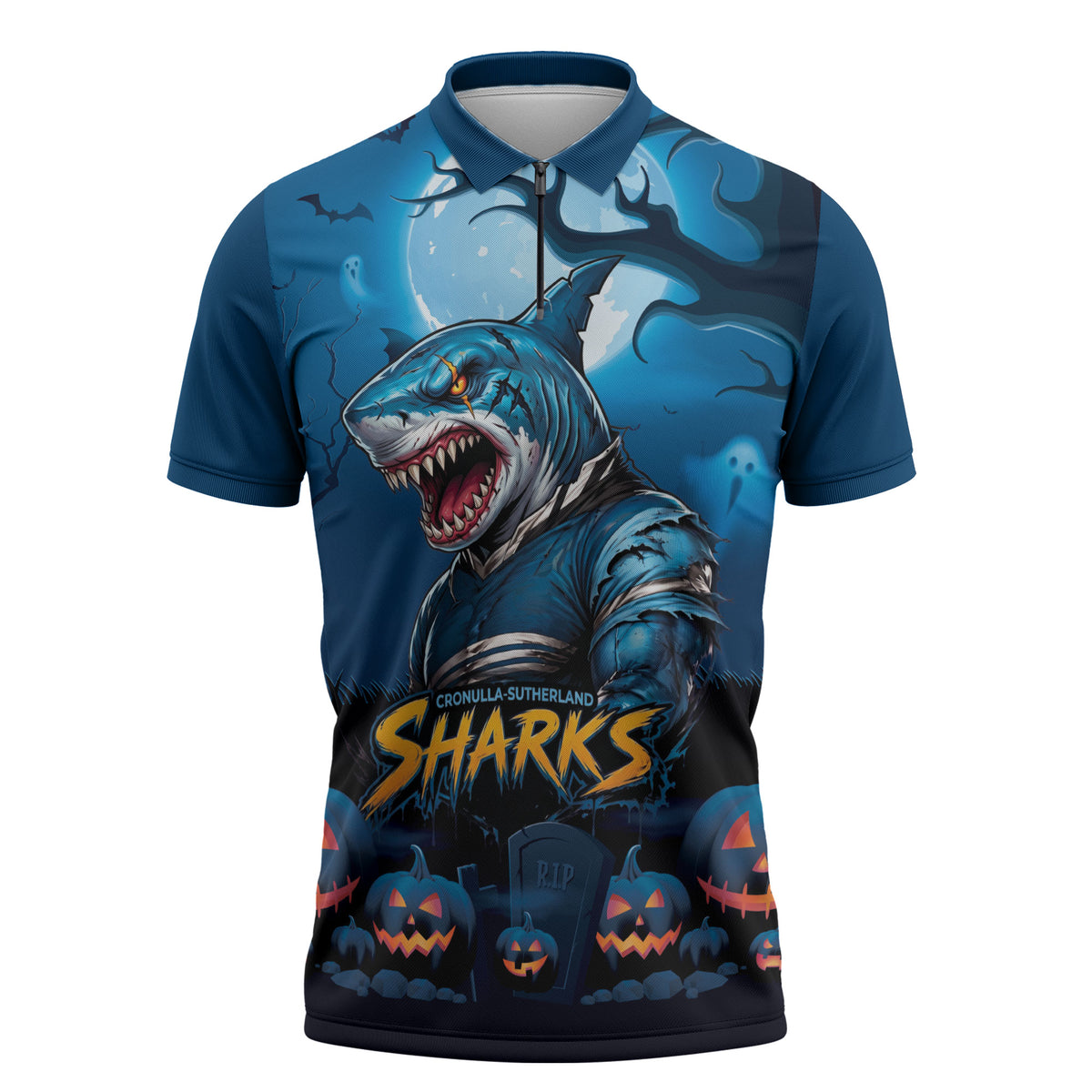 Custom Halloween Cronulla-Sutherland Sharks Zipper Polo Shirt Spooky Australia Mascot Rugby