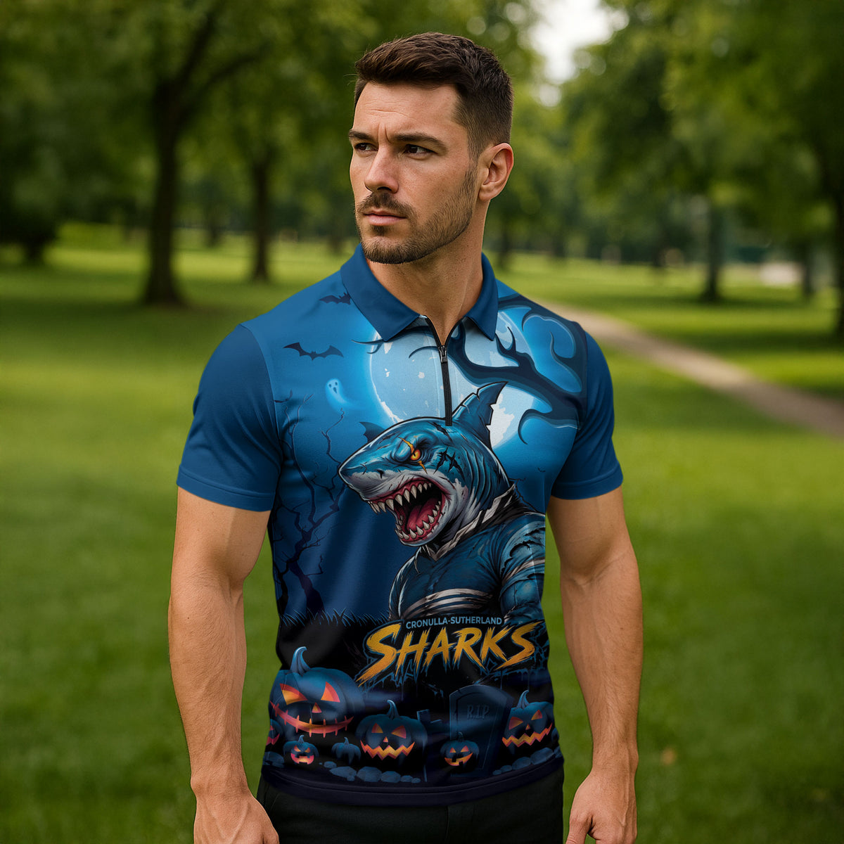 Custom Halloween Cronulla-Sutherland Sharks Zipper Polo Shirt Spooky Australia Mascot Rugby