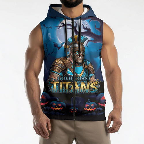 Custom Halloween Gold Coast Titans Sleeveless Zip Hoodie Spooky Australia Mascot Rugby