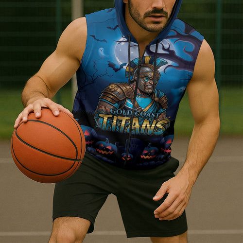 Custom Halloween Gold Coast Titans Sleeveless Zip Hoodie Spooky Australia Mascot Rugby