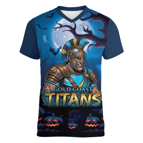 Custom Halloween Gold Coast Titans Women V-Neck T-Shirt Spooky Australia Mascot Rugby
