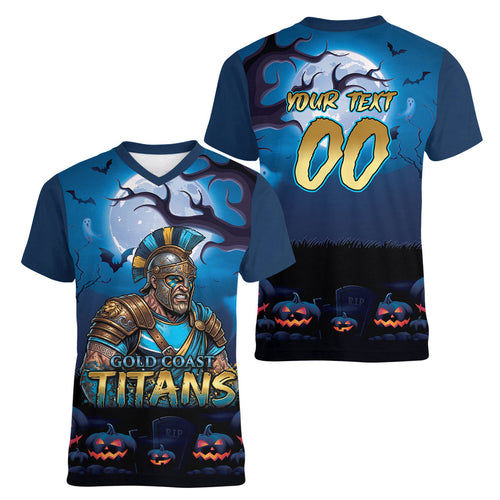 Custom Halloween Gold Coast Titans Women V-Neck T-Shirt Spooky Australia Mascot Rugby