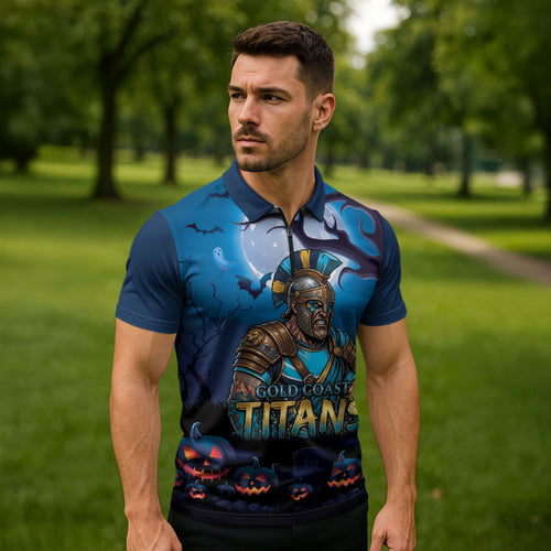 Custom Halloween Gold Coast Titans Zipper Polo Shirt Spooky Australia Mascot Rugby