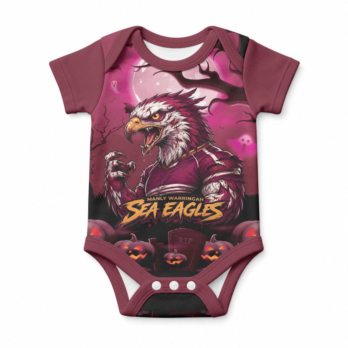 Custom Halloween Manly Warringah Sea Eagles Baby Onesie Spooky Australia Mascot Rugby