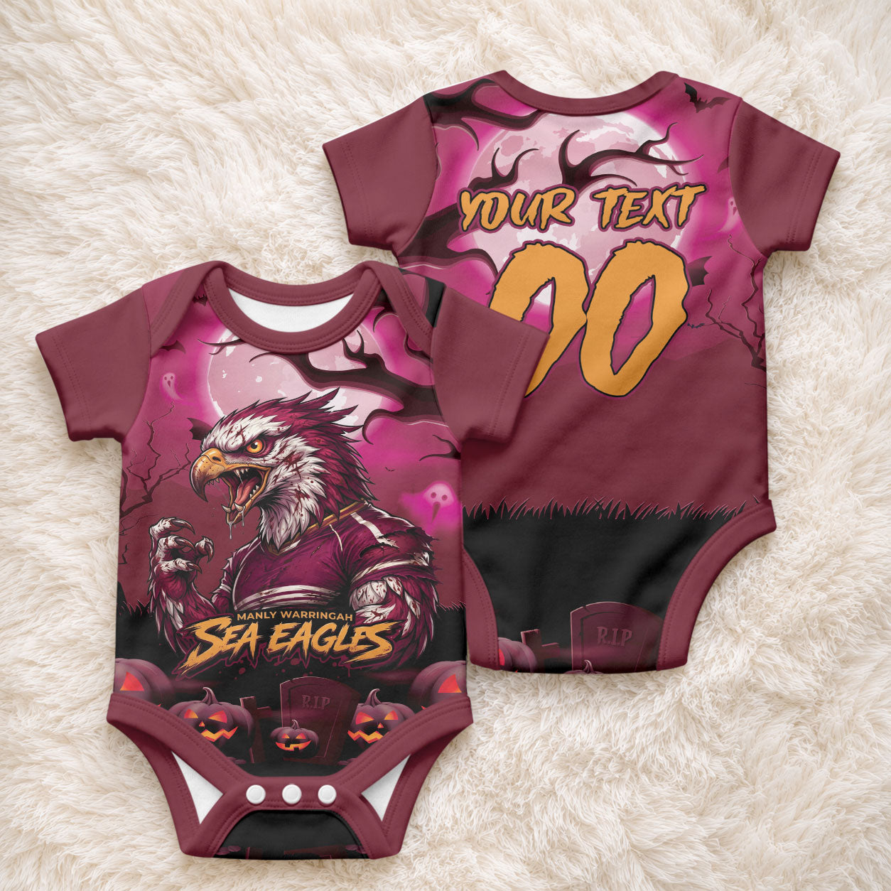 Custom Halloween Manly Warringah Sea Eagles Baby Onesie Spooky Australia Mascot Rugby