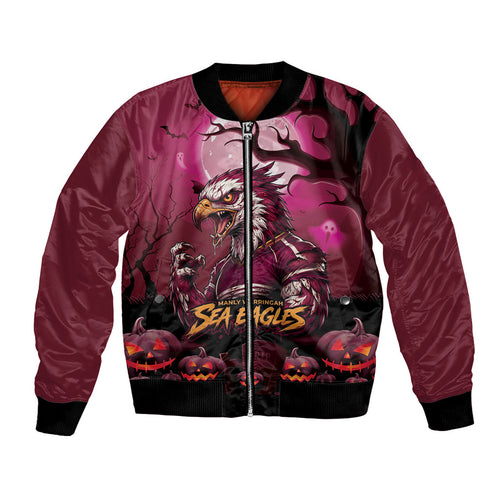 Custom Halloween Manly Warringah Sea Eagles Bomber Jacket Spooky Australia Mascot Rugby