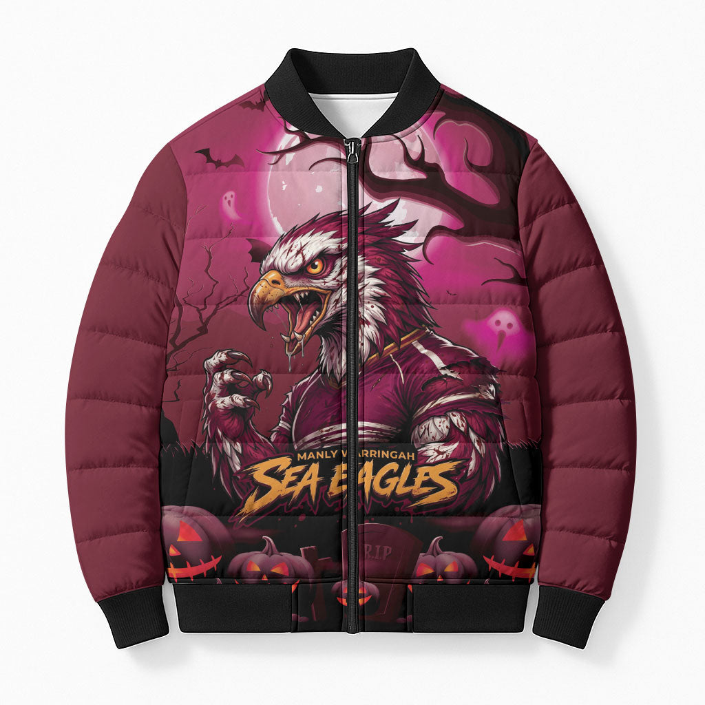 Custom Halloween Manly Warringah Sea Eagles Bomber Puffer Jacket Spooky Australia Mascot Rugby