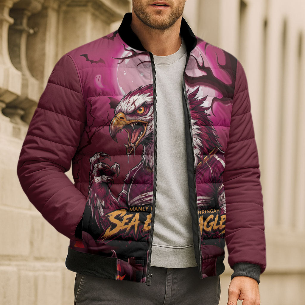 Custom Halloween Manly Warringah Sea Eagles Bomber Puffer Jacket Spooky Australia Mascot Rugby