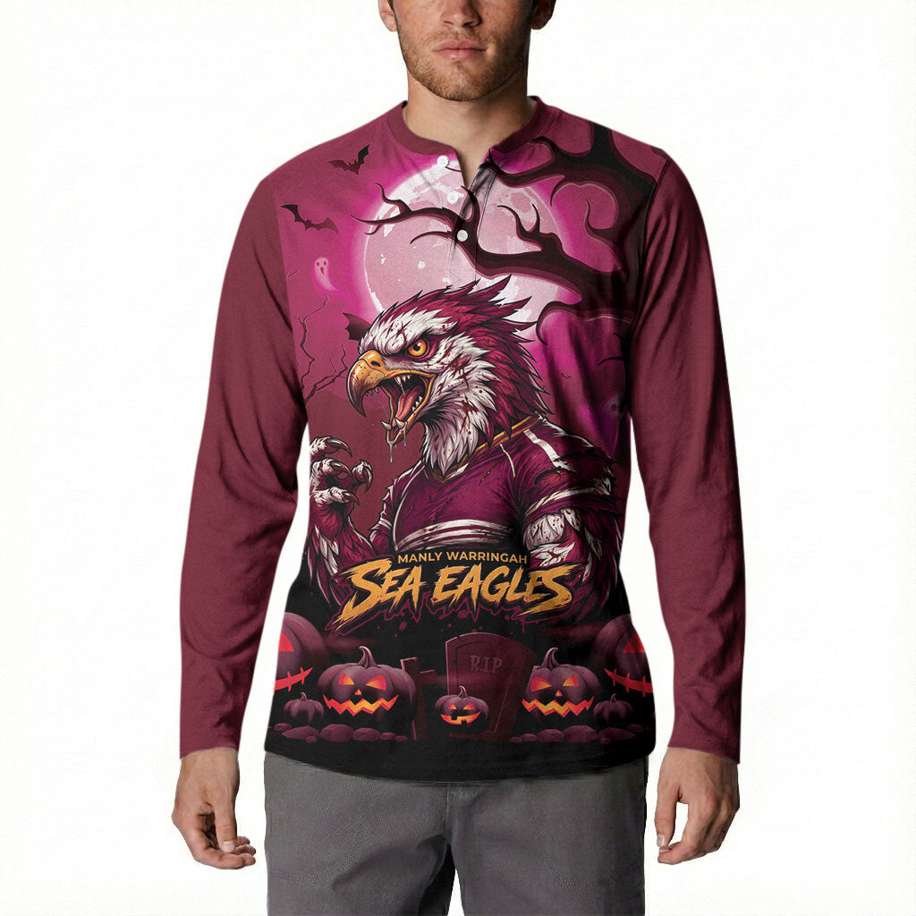 Custom Halloween Manly Warringah Sea Eagles Button Sweatshirt Spooky Australia Mascot Rugby