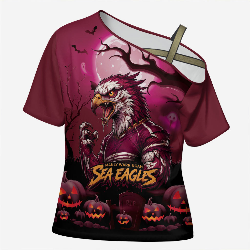 Custom Halloween Manly Warringah Sea Eagles Cross Shoulder Shirt Spooky Australia Mascot Rugby