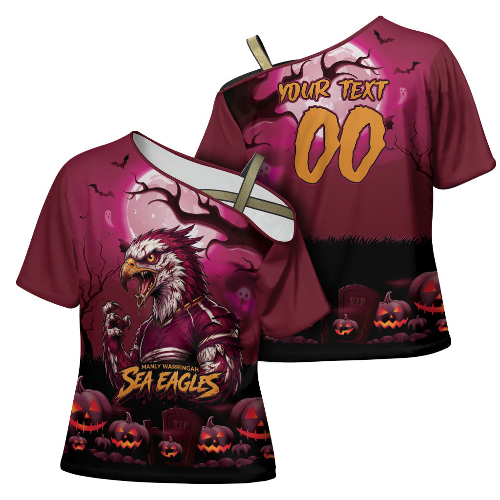 Custom Halloween Manly Warringah Sea Eagles Cross Shoulder Shirt Spooky Australia Mascot Rugby