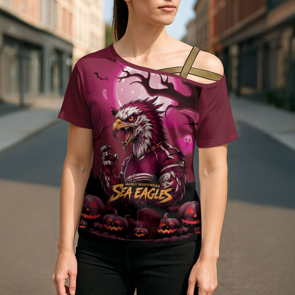 Custom Halloween Manly Warringah Sea Eagles Cross Shoulder Shirt Spooky Australia Mascot Rugby