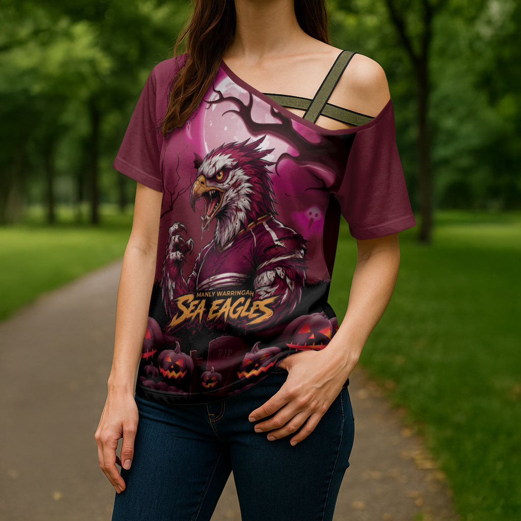 Custom Halloween Manly Warringah Sea Eagles Cross Shoulder Shirt Spooky Australia Mascot Rugby