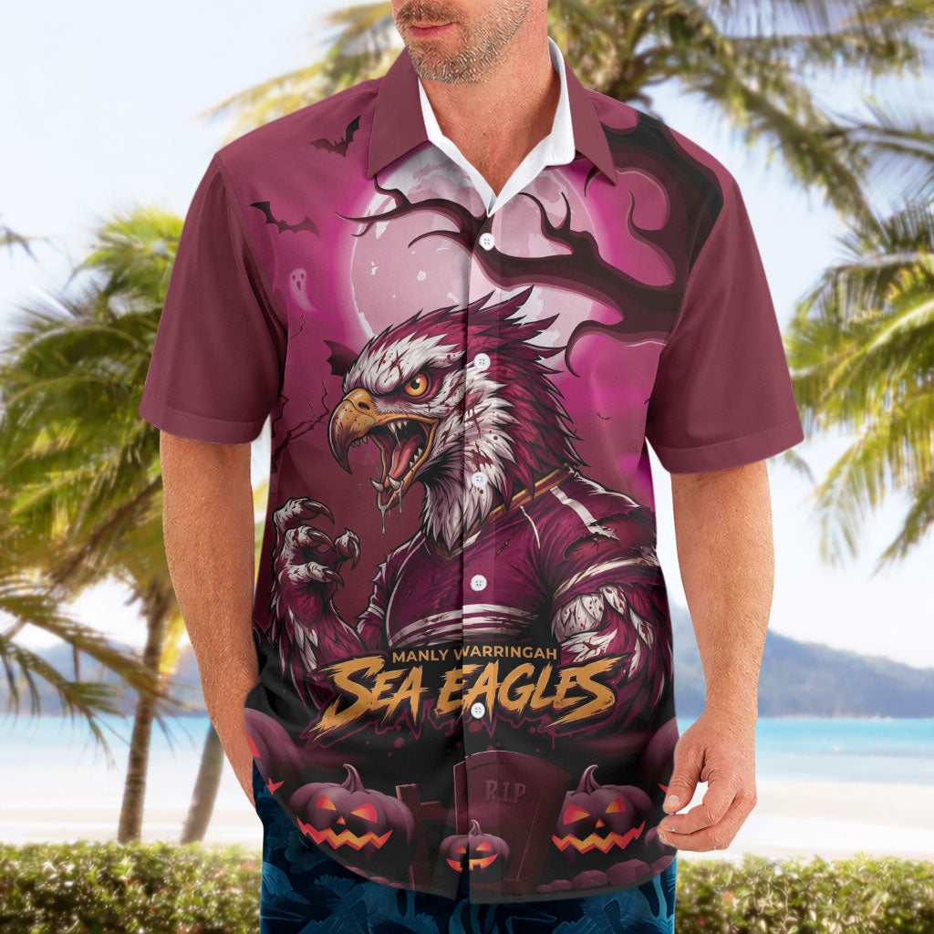 Custom Halloween Manly Warringah Sea Eagles Hawaiian Shirt Spooky Australia Mascot Rugby