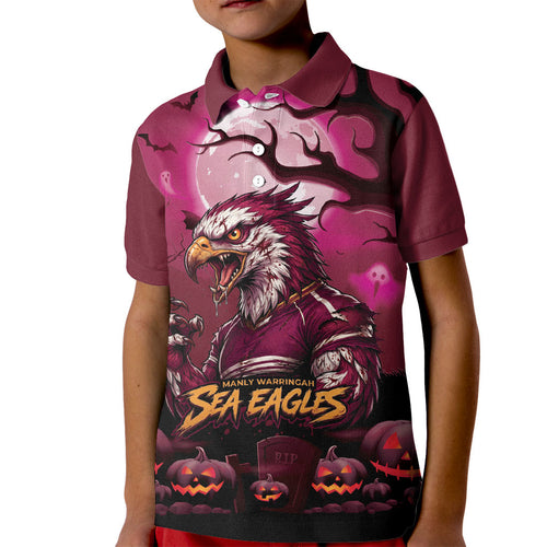 Custom Halloween Manly Warringah Sea Eagles Kid Polo Shirt Spooky Australia Mascot Rugby